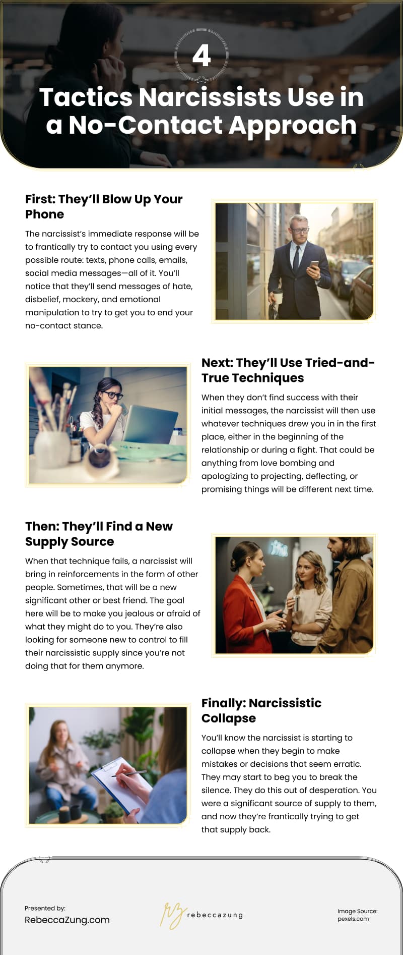 4 Tactics Narcissists Use in a No-Contact Approach Infographic 4 Tactics Narcissists Use in a No-Contact Approach Infographic